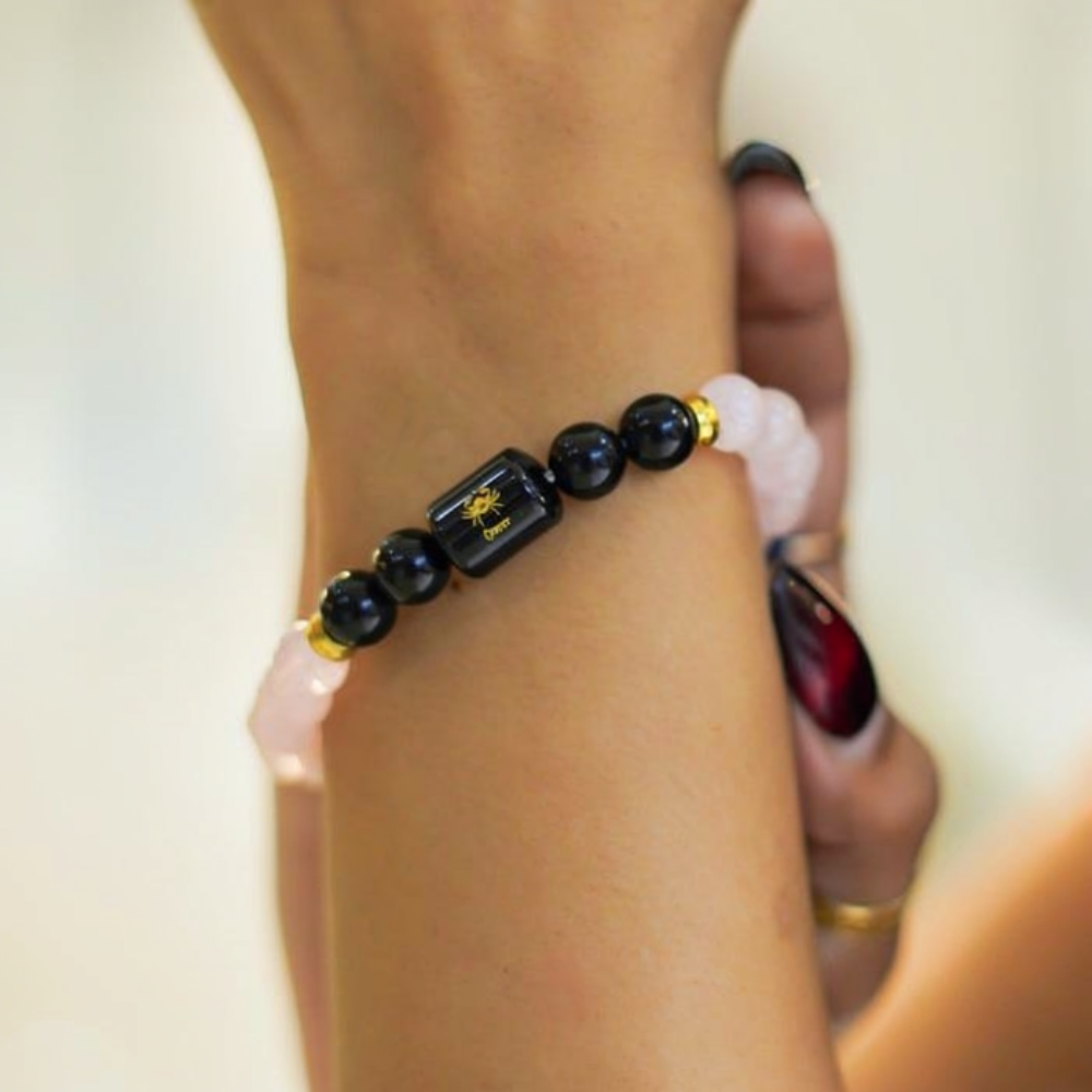 Cancer Zodiac Kark Rashi Bracelet with Rose Quartz & Black Tourmaline