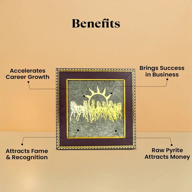 7 Horses Raw Pyrite Frame with Vyapar Vriddhi Frame Combo